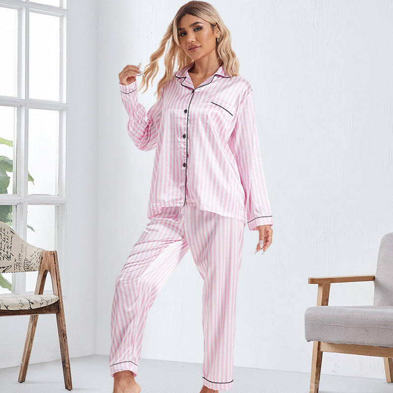 Women Nurse Short Sleeve Striped White Ice Cardigan Trousers Long Sleeve Home Wear Supply Pajamas Sets