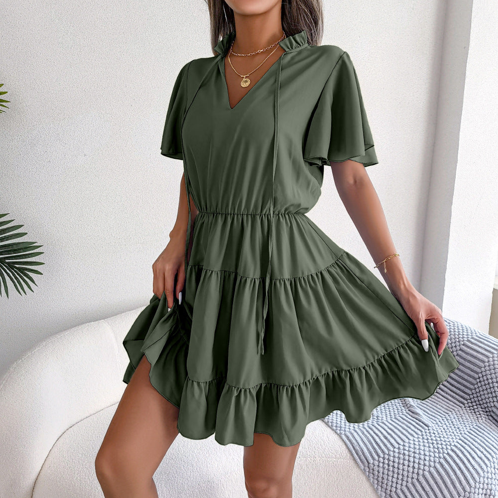 Spring Summer Flounced Ribbon Big Hem A- line Solid Color Dress Women Clothing