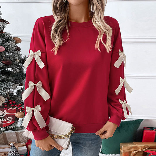 Autumn Winter Top Round Neck Bowknot Red Christmas Sweater for Women