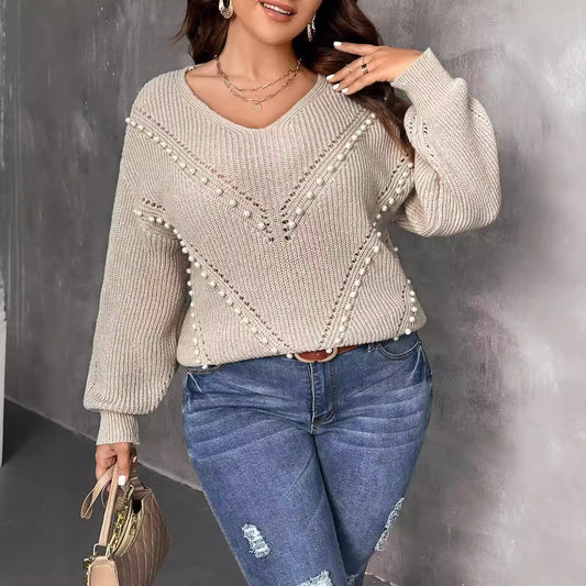 Autumn Winter Women Clothing Casual Hollow Out Cutout out V neck Knitted Top Pearl Pullover Sweater