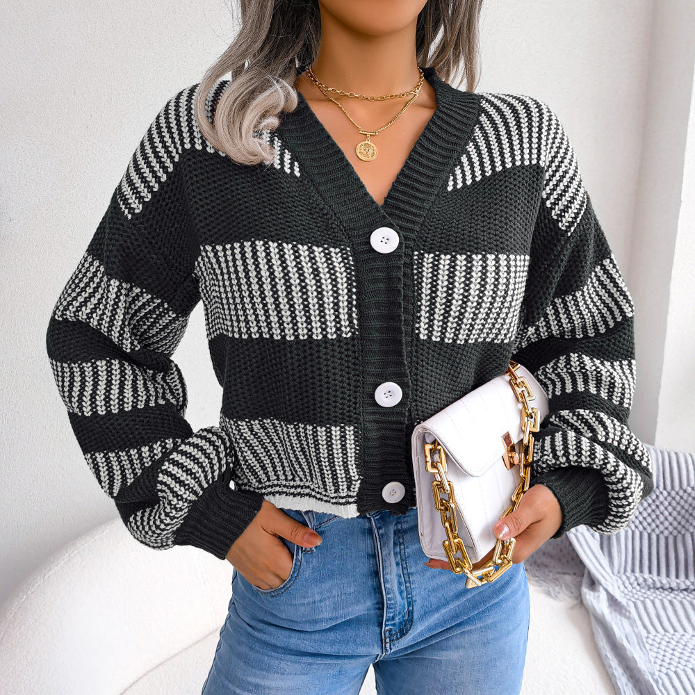 Winter Striped Lantern Sleeve Cardigan Sweater Coat Women Clothing Black