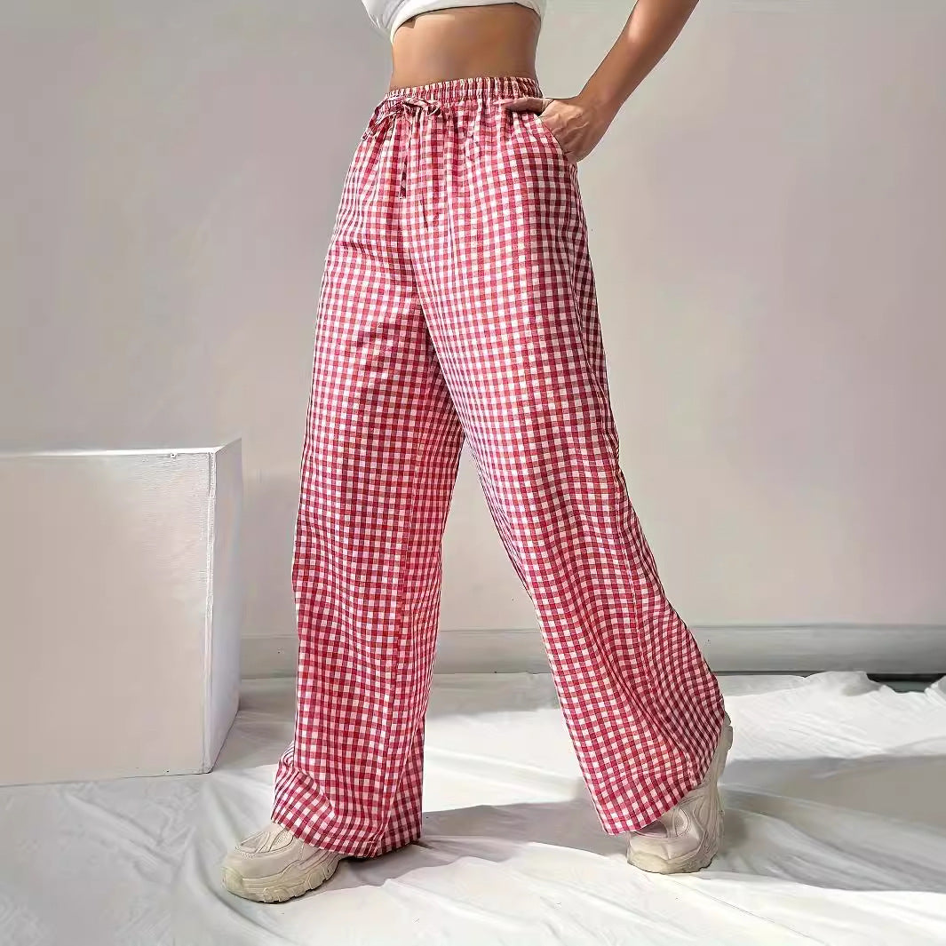 Women Spring Autumn Loose Fitting Pink Plaid Drawstring Casual Wide Leg Pants