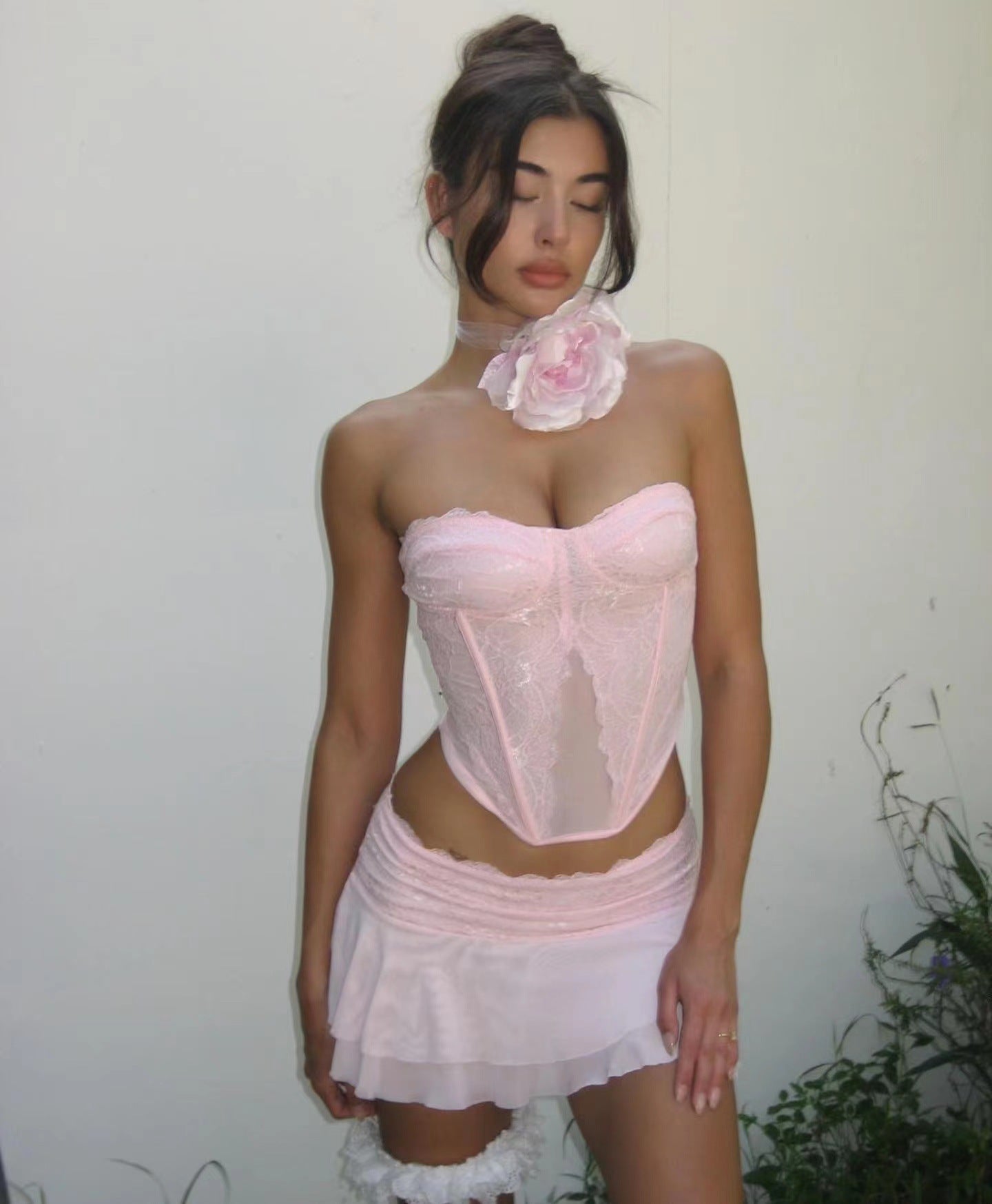 Sexy Pink Semi Transparent Lace Boning Corset Tube Top Short Vest Mini Ultra Short Double Layer Skirt Set for Women