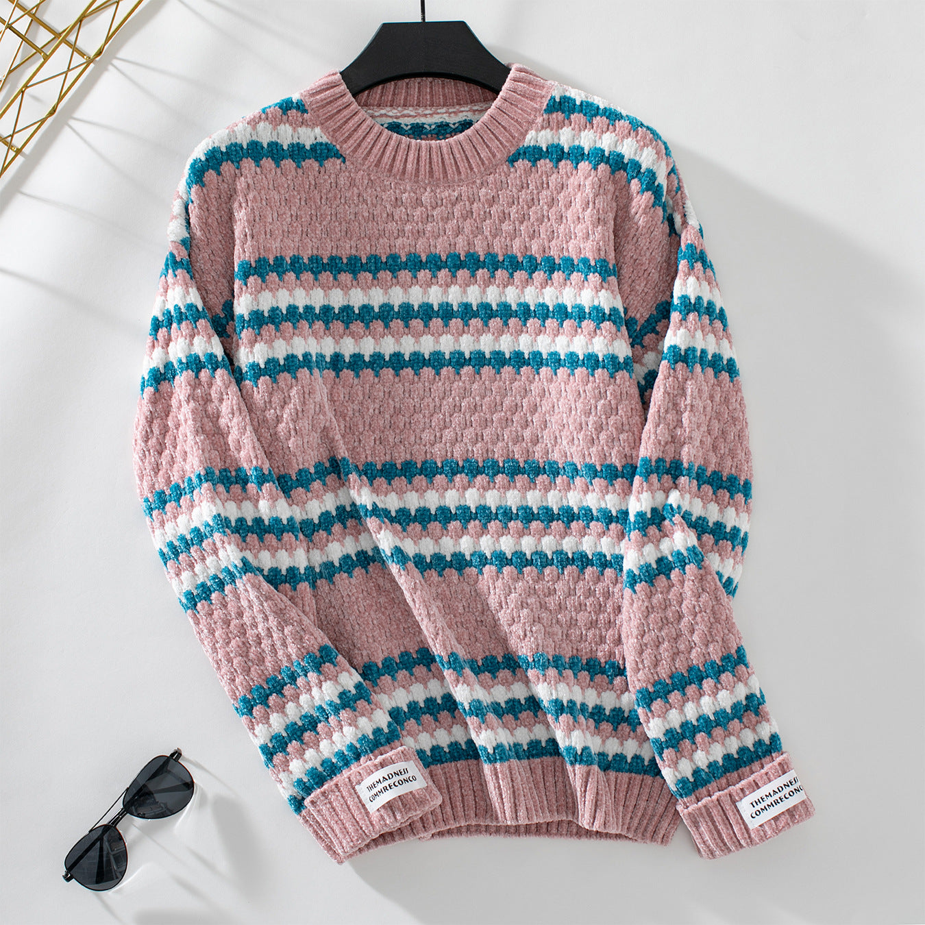 Wool Rain Contrast Color Striped round Neck Pullover Top Chenille Sweater Women Loose Soft Glutinous Sweater Pink