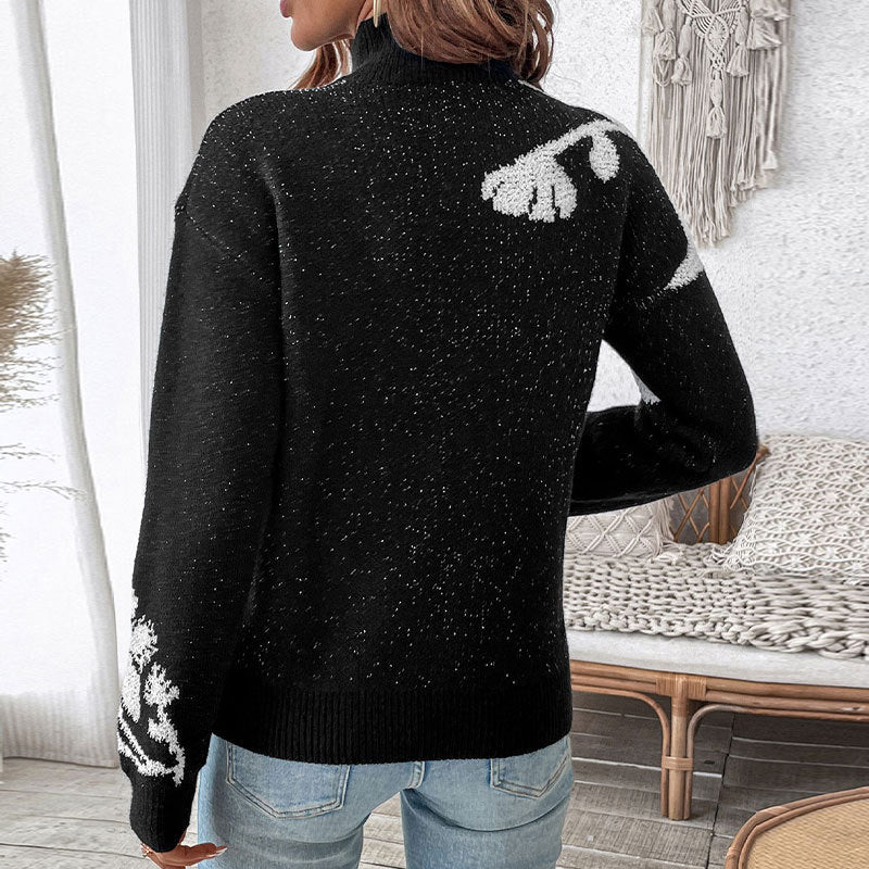 Autumn Winter Casual Knitwear Women Half Turtleneck Contrast Color Jacquard Pullover Sweater