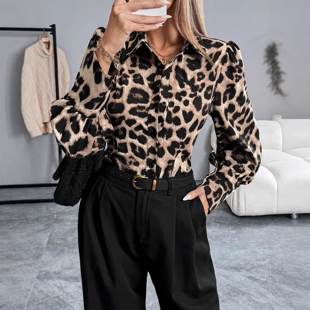 Spring Leopard Print Printing Collared Single Breasted Loose Casual Long Sleeves Shirt Top