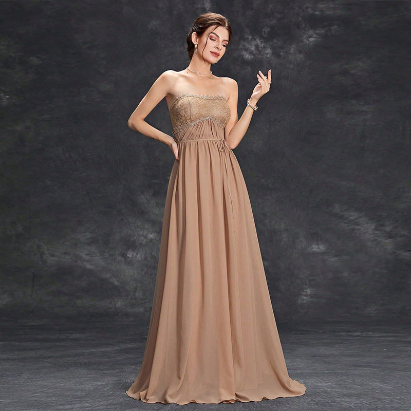 Tube Top Evening Dress Sexy High End Host Women High-End Sense Adult Ceremony Graduation Autumn Winter Khaki