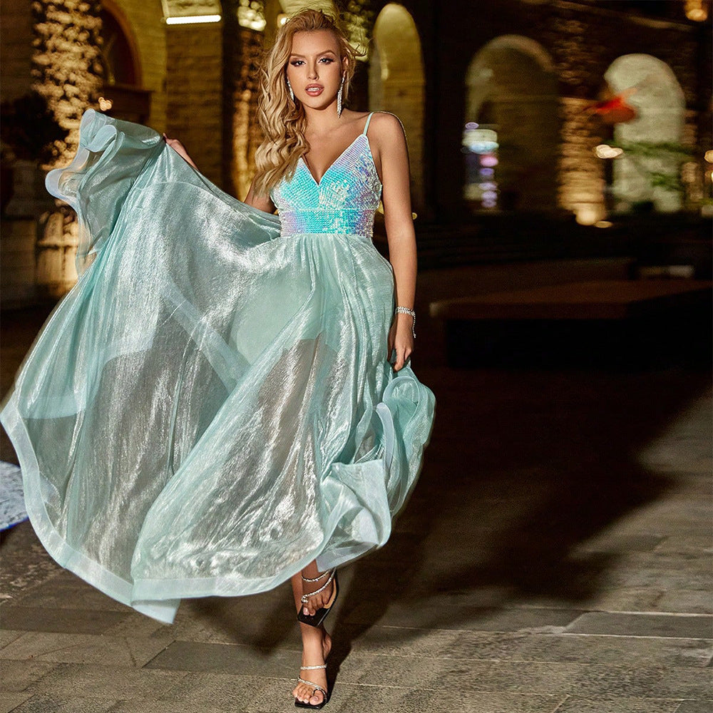 Summer Sexy Elegant Dress Sequin Stitching Cocktail Strap Dress Footwear Organza Mint Green