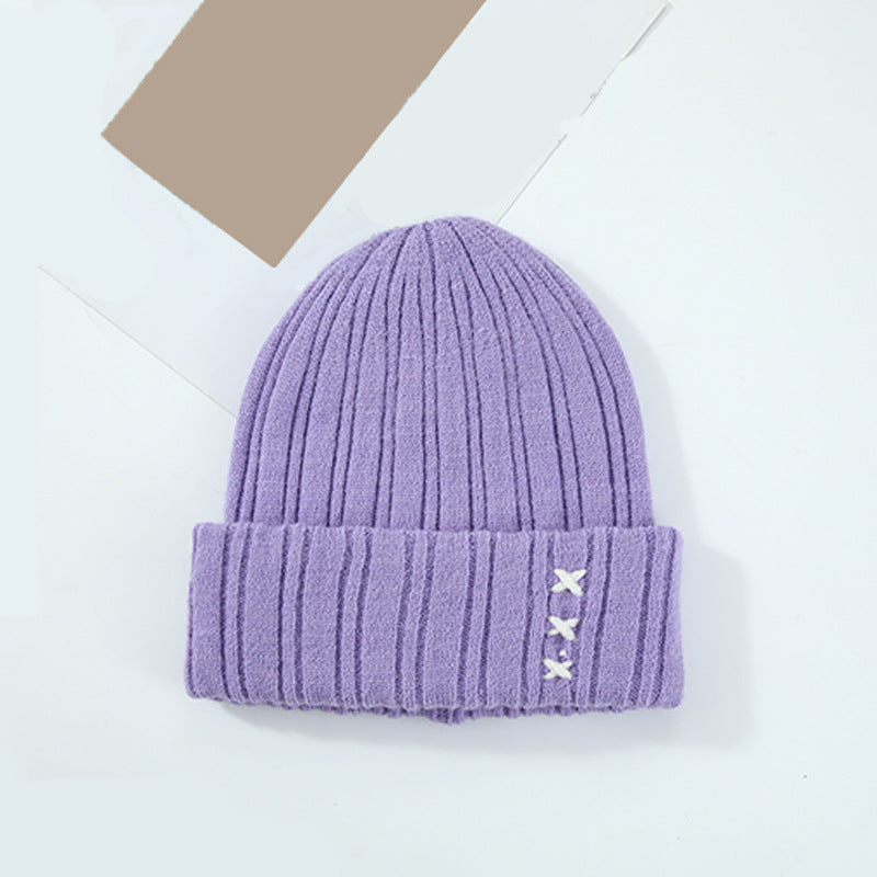 Trendy Simplicity Women Autumn Winter Solid Color Fork Warm Knitted Hat Beanie Hat One Size Taro purple