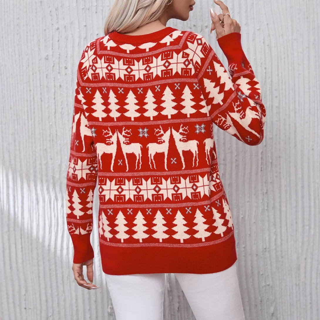 Autumn Christmas Tree Top Women Contrast Color Jacquard Niche Design Crew Neck Pullover Sweater Women