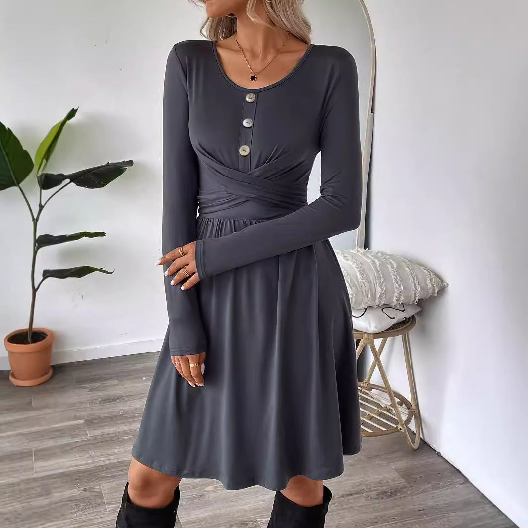 Women Clothing All Match Office Dress Autumn Winter Simplicity Design High Waist Mid Dress