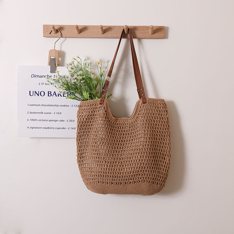 Casual Hollow Out Cutout Shoulder Cotton Thread Woven Bag Lazy Wind Portable Straw Weaved Bag Seaside Vacation Beach Bag Women Bag One Size Cotton Thread Concave Bag Coffee Zipper