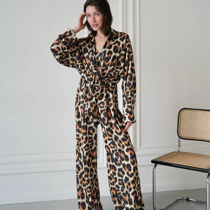 Leopard Print Underwear Long Sleeve Trousers Three Piece Pajamas Ice Silk Breathable Outerwear Homewear Women