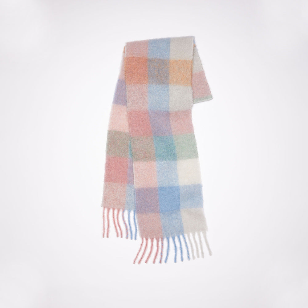 Women Plaid Scarf Winter Warm Plaid Rainbow Tassel Cashmere like Shawl Scarf One Size Pink and Blue Plaid