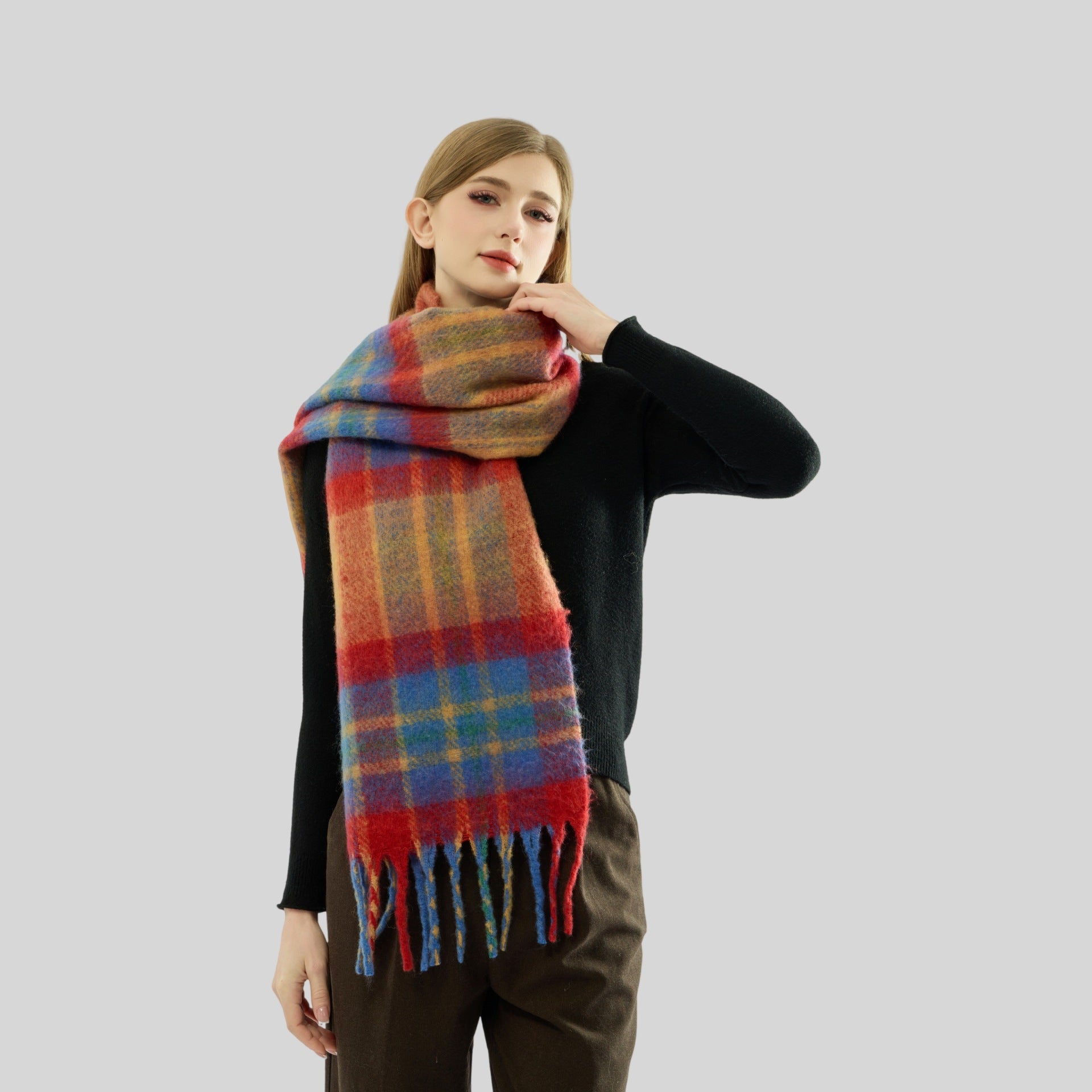 Mohair Rainbow Plaid Tassel Scarf Women Thickened Warm Wool Lengthened Scarf