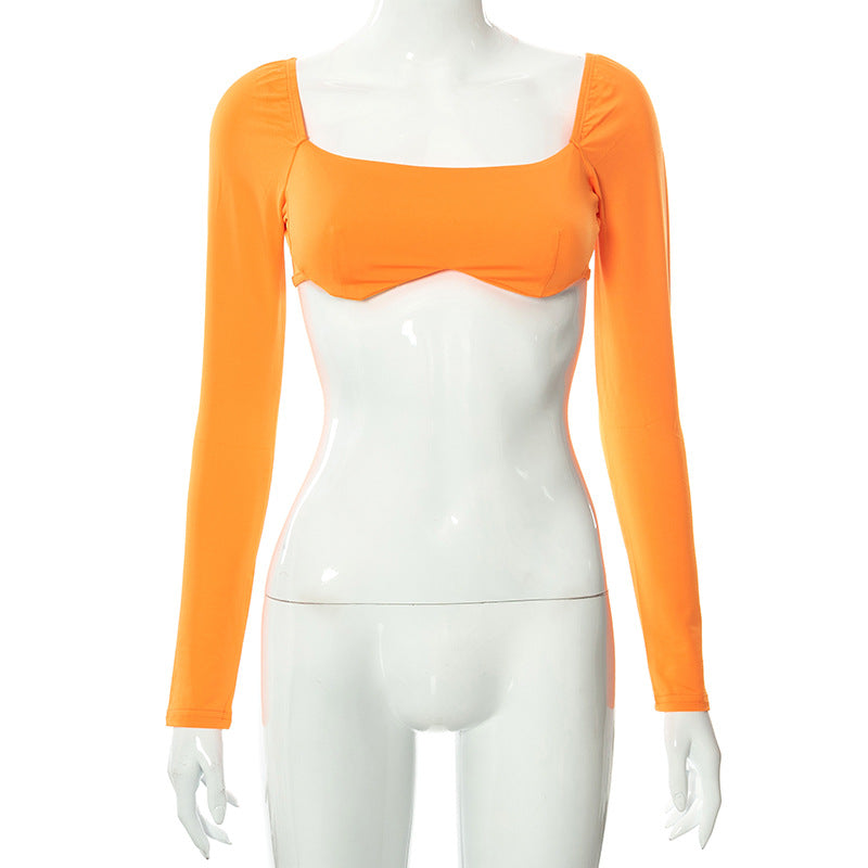 Summer Solid Color Sexy Slim Long Sleeve Casual Cropped Top Orange