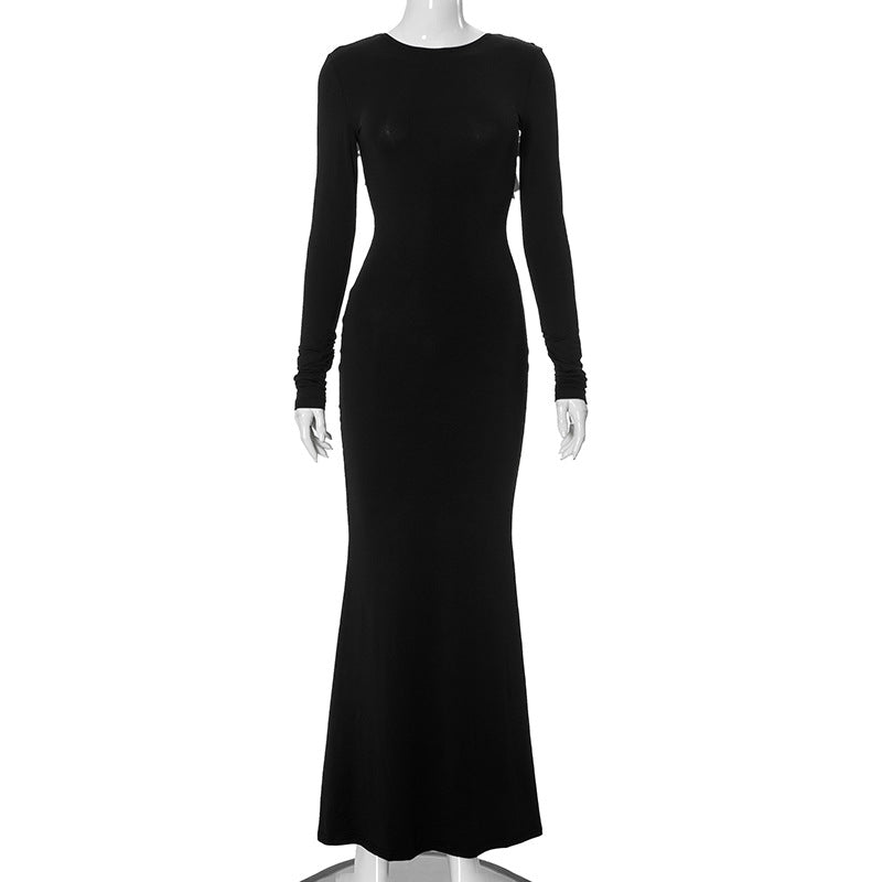 Women Clothing Backless Bow Long Sleeve Narrow Maxi Dress Black