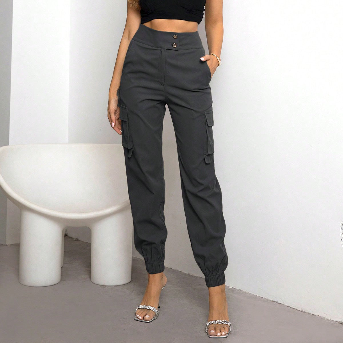 Women Clothing Casual Flip Pocket Side Pants Smoky Grey