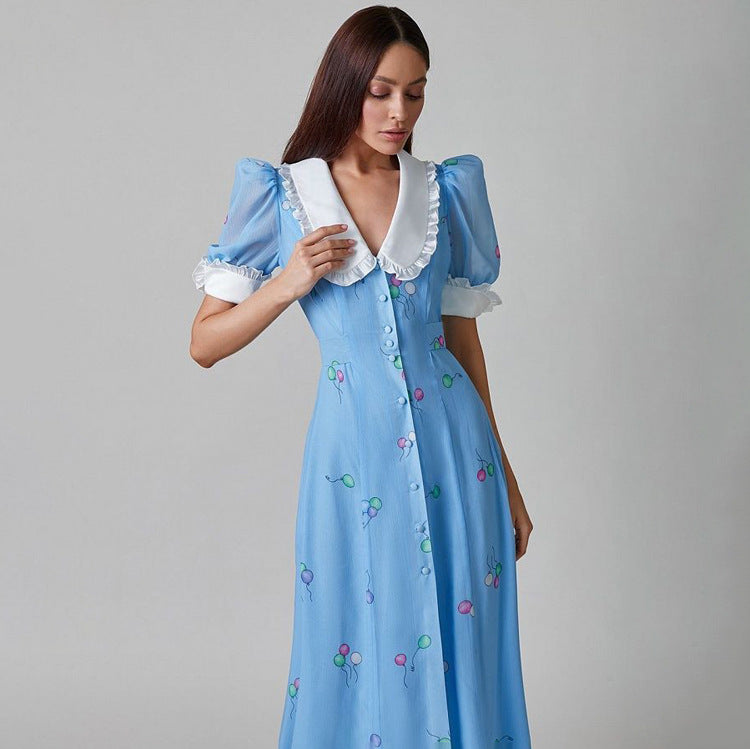 Summer Women Clothing French Printed Dress Peter Pan Collar Short Sleeve Waist Slimming Maxi Dress