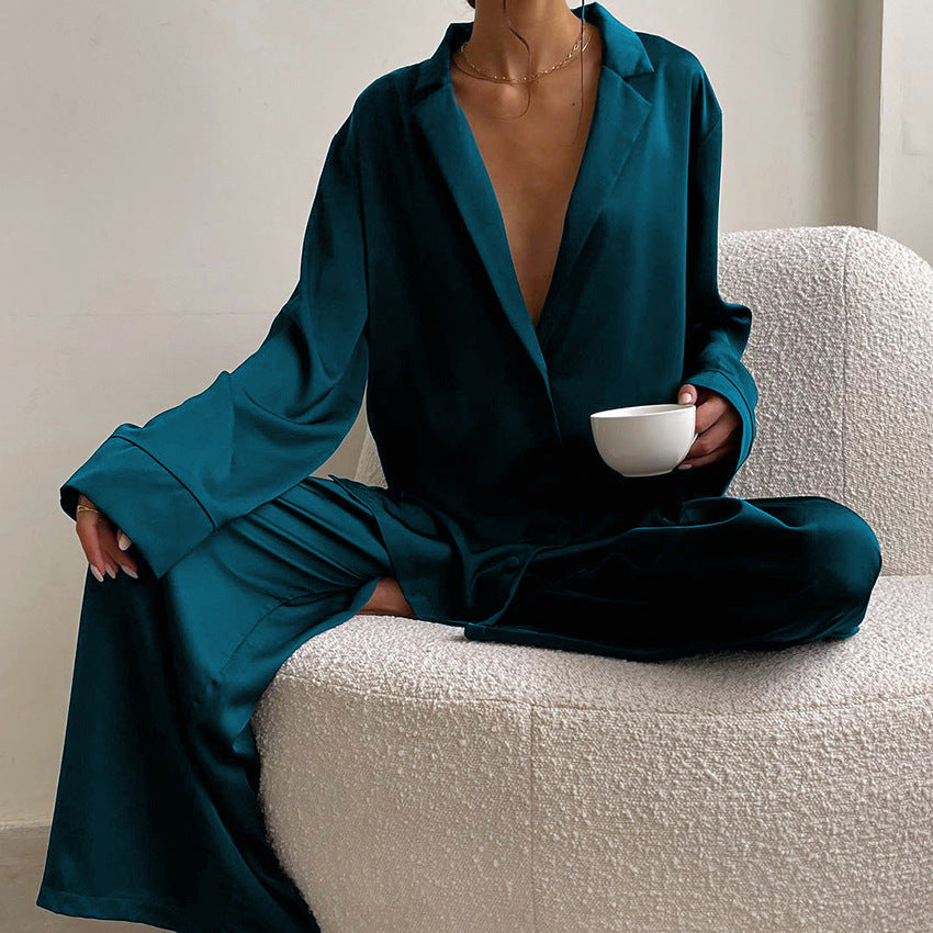 Spring Summer Blue Thin Women Home Silk-like Solid Color Pajamas Ice Silk Loose Can Be Worn outside Blue2