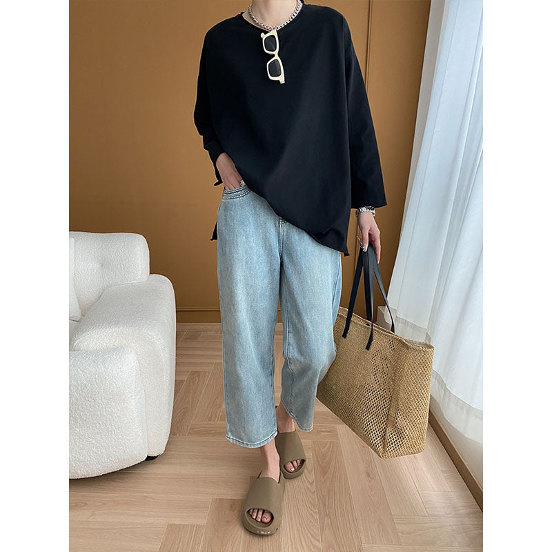 Shirt Curling with round Neck Oversized T shirt Autumn Winter One Size Black