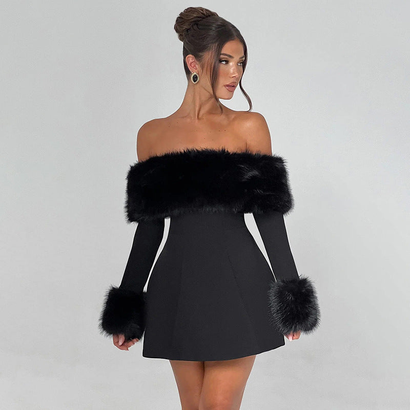 Autumn Winter Women Clothing Sexy Fur Collar off Shoulder Slim Slimming A line Dress