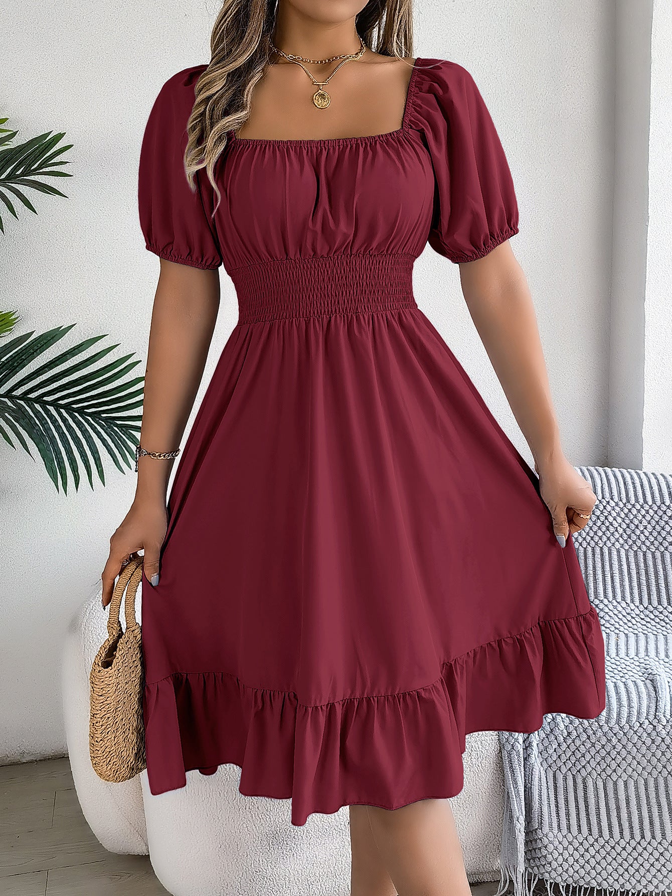 Spring Summer Casual Square Collar Short Sleeve Waist Trimming Ruffles A line Dress Women Clothing Burgundy