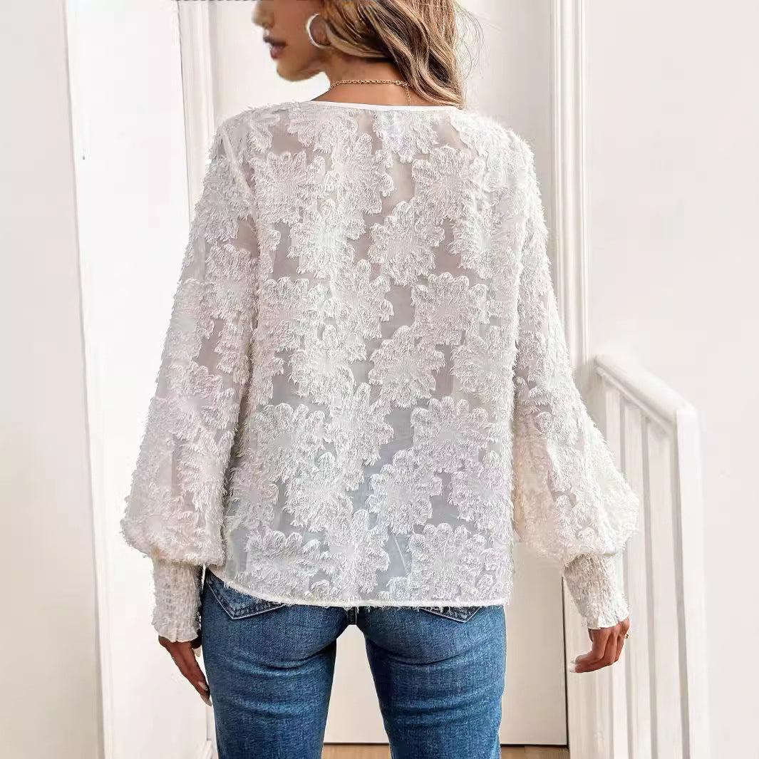 Autumn Winter Elegant Ladies V Neck Lantern Sleeve Embroidered Casual Romantic White Shirt Top