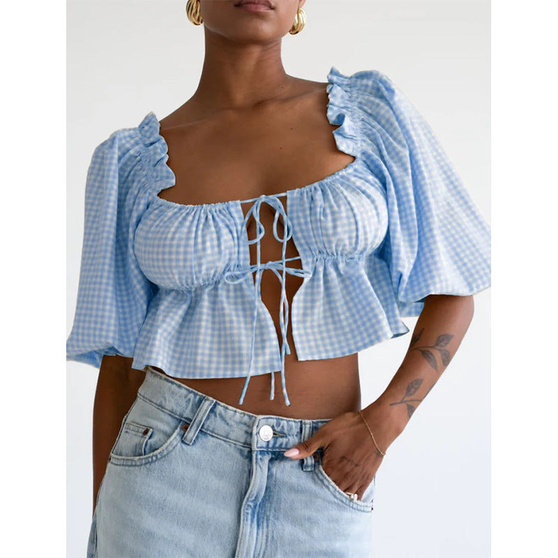 Autumn Women Clothing Casual Lattice Lace Up Shirt Top Women