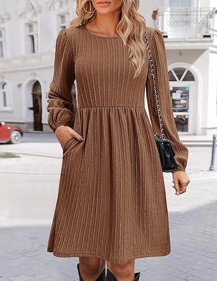 Women Clothing Round Neck Pocket Knitted Sweater Long Sleeve A Line Dress Dark Brown