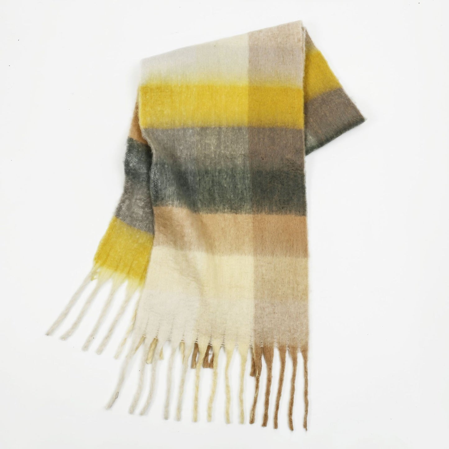 Women Color Matching Mohair Scarf Autumn Winter Warm Thickening Lattice Tassel One Size Yellow gray plaid