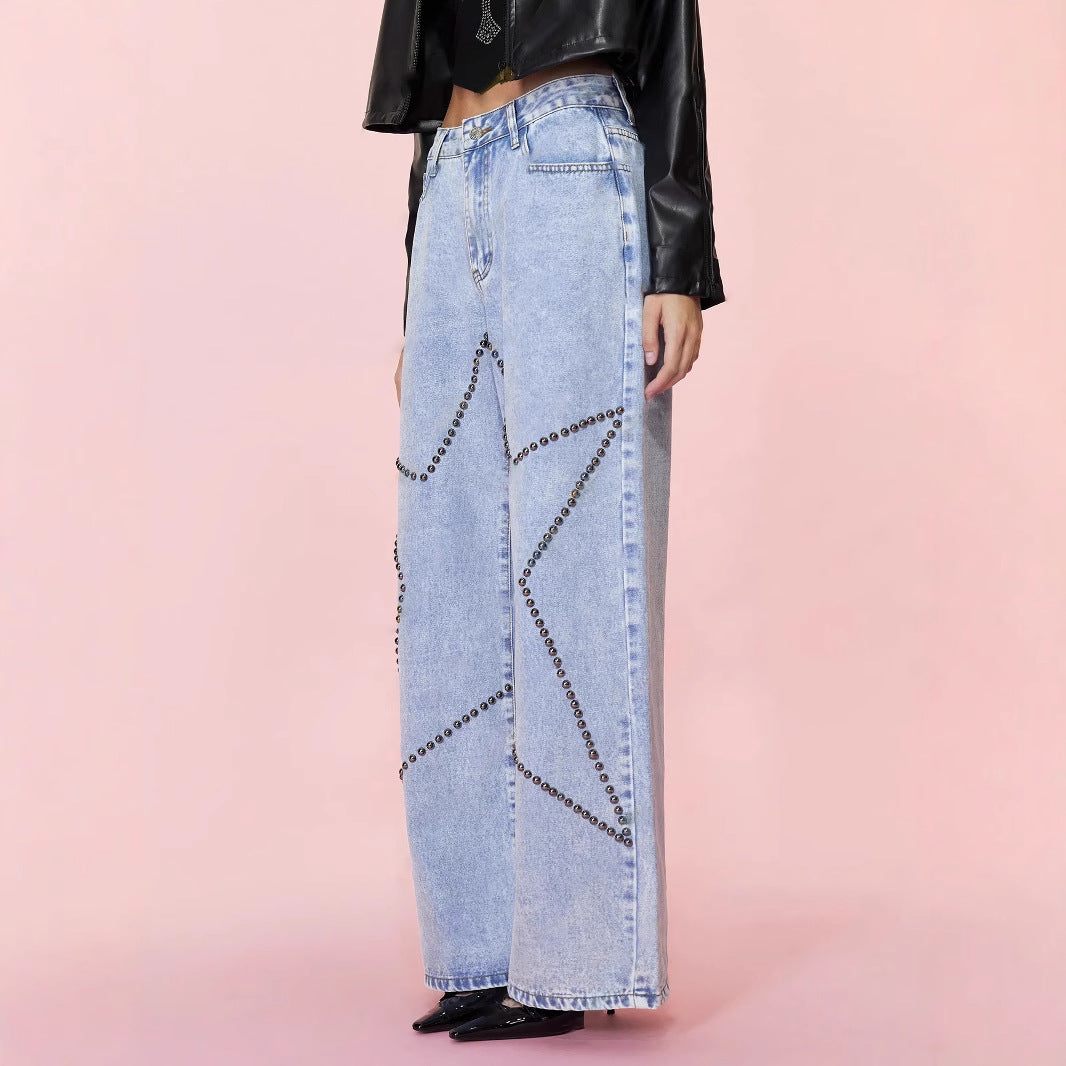 Women Clothing Loose Retro Beaded Jeans Trousers