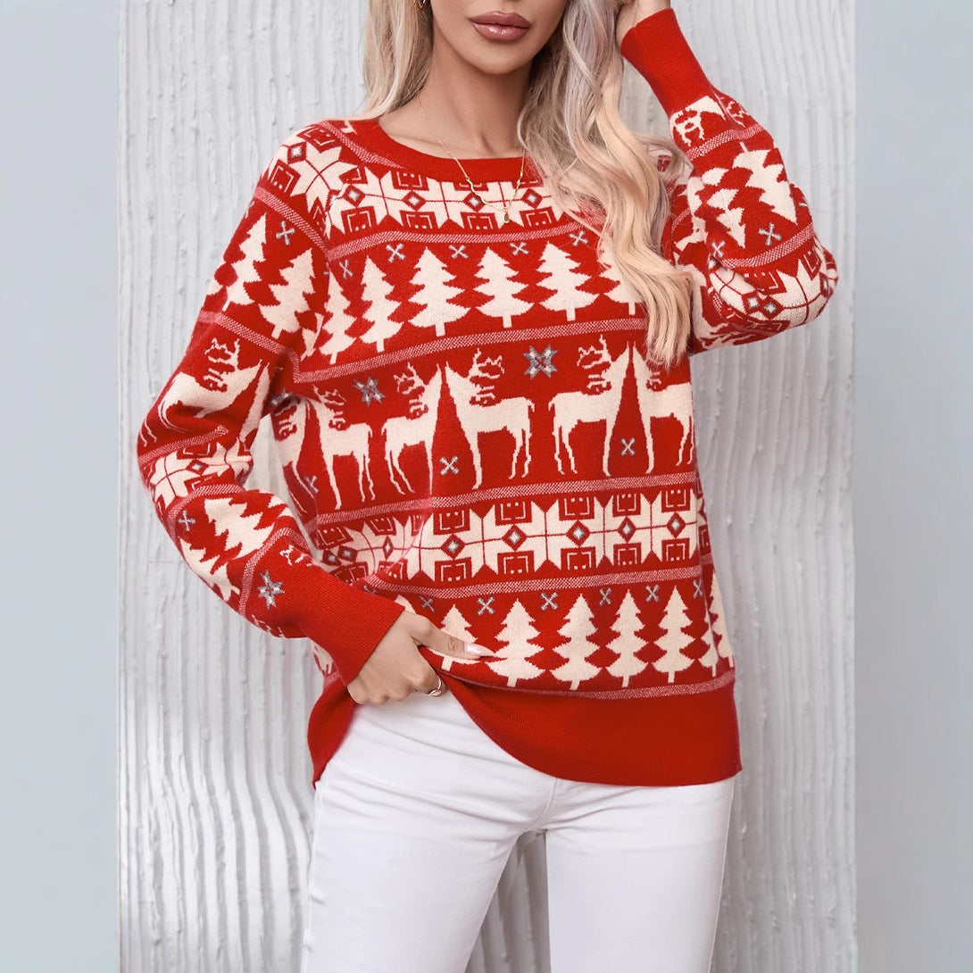 Autumn Christmas Tree Top Women Contrast Color Jacquard Niche Design Crew Neck Pullover Sweater Women