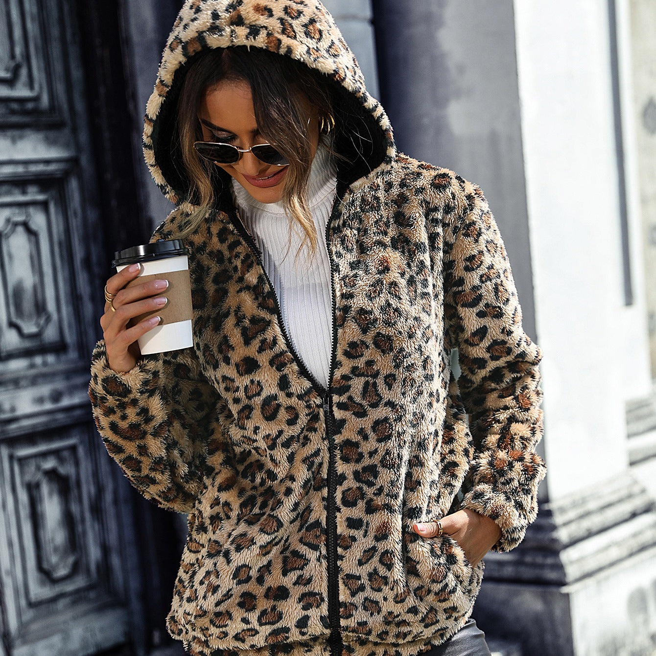 Autumn Winter Women Hooded Long Sleeve Leopard Print Mid Length Plush Loose Casual Jacket