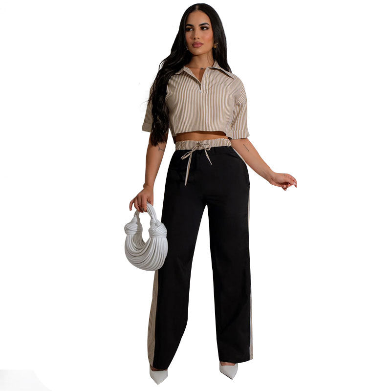 Summer Striped Shirt Top Women Casual Baggy Straight Trousers Set Khaki