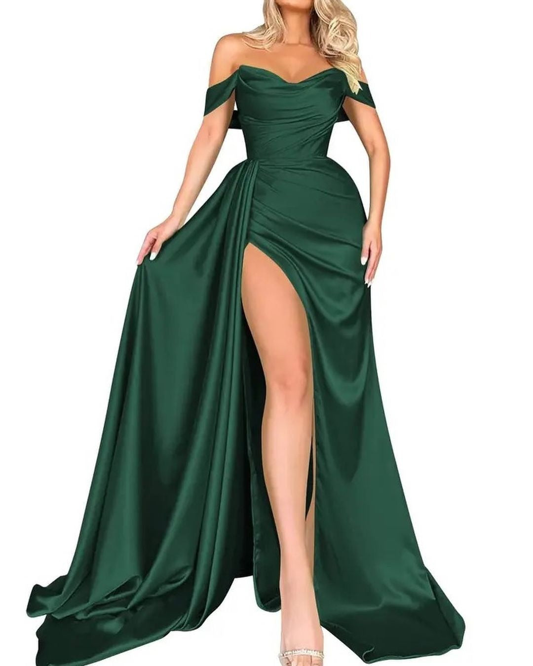 Cocktail High Slit Sexy Host Off Shoulder Slimming Party Evening Dress Blackish Green