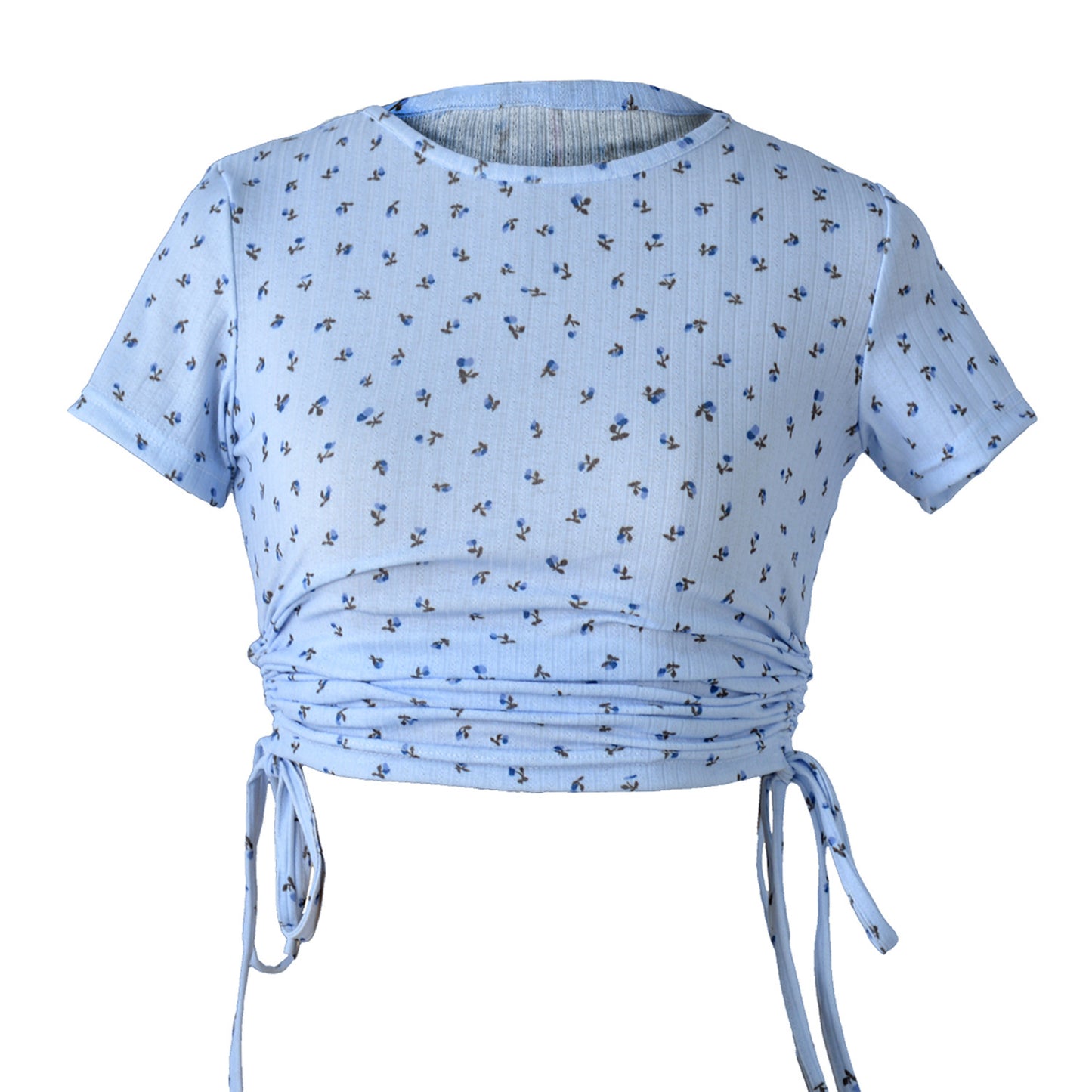 Printed Short-SleevedT-shirt Drawstring cropped round Neck Casual Top The Blue Flower