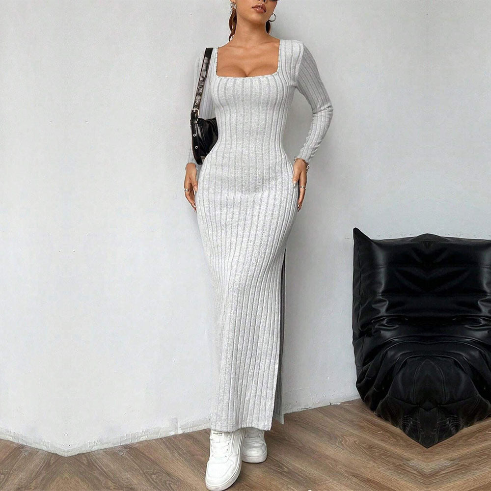 Women Clothing Simple Elegant Dress Autumn Winter Square Collar Backless Long Sleeve Mid Length Dress