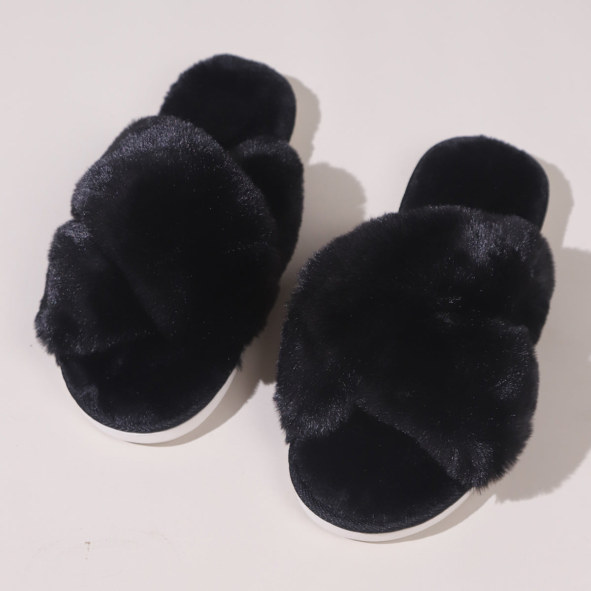 Women Fluffy Slippers Outerwear Cross Household Indoor Plush Lazy Cotton Slippers Black