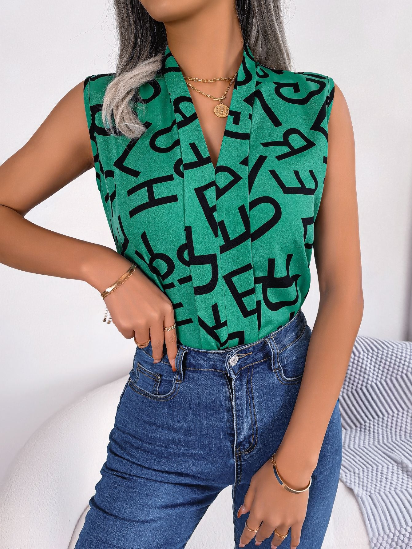 Spring Summer Casual Office Letter Graphic V Neck Chiffon Blouse Top Women Clothing Green