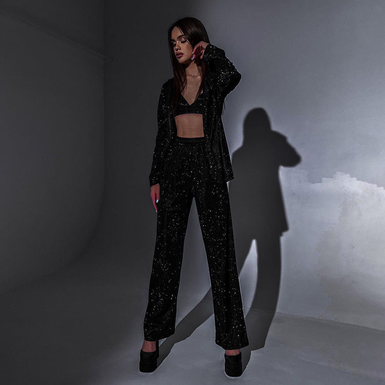 Women Clothing Glitter Three Piece Set Sexy Party Long Sleeve Suit Top High Waist Trousers Suit