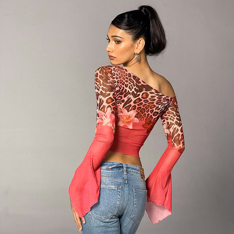 Women Clothing Oblique Shoulder Leopard Print Contrast Color Short Long Sleeve Top