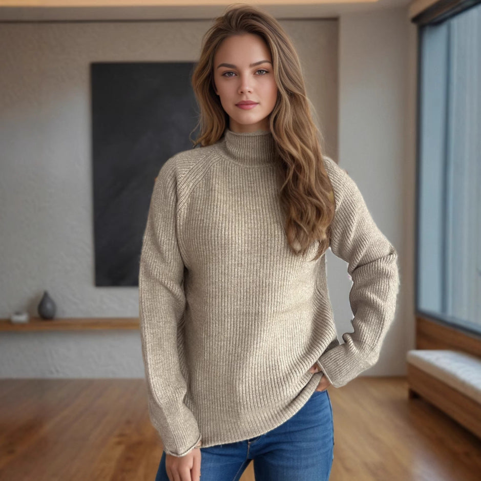 Women Clothing Winter Keep Warm Solid Color Sweater Half Turtleneck Slim Fit Long Sleeve Pullover Khaki