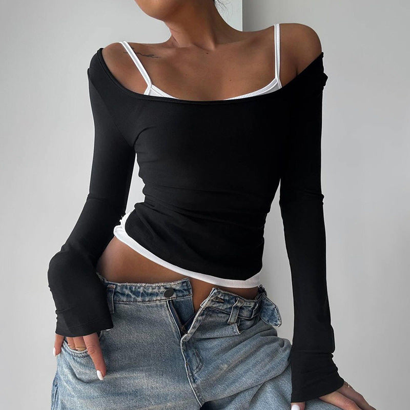 Winter Women Clothing Trend Solid Color Simple Word Collar Slim Fit Crop Top