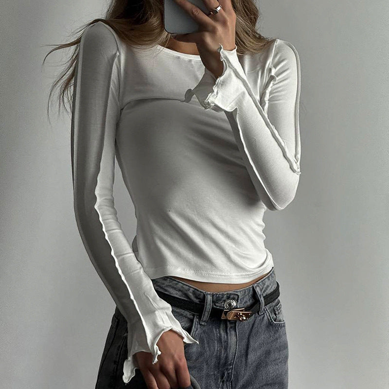 Round Neck Solid Color Slim Fit Slimming Irregular Asymmetric Long Sleeve T shirt Bottoming Shirt