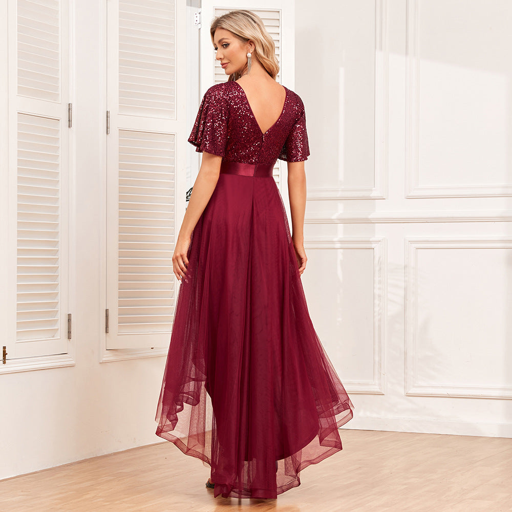 Elastic Waist Stitching Elegant V Neck Ruffled Short Sleeves Evening Dress Swing Word Fluffy Tulle Irregular Asymmetric Maxi Dress