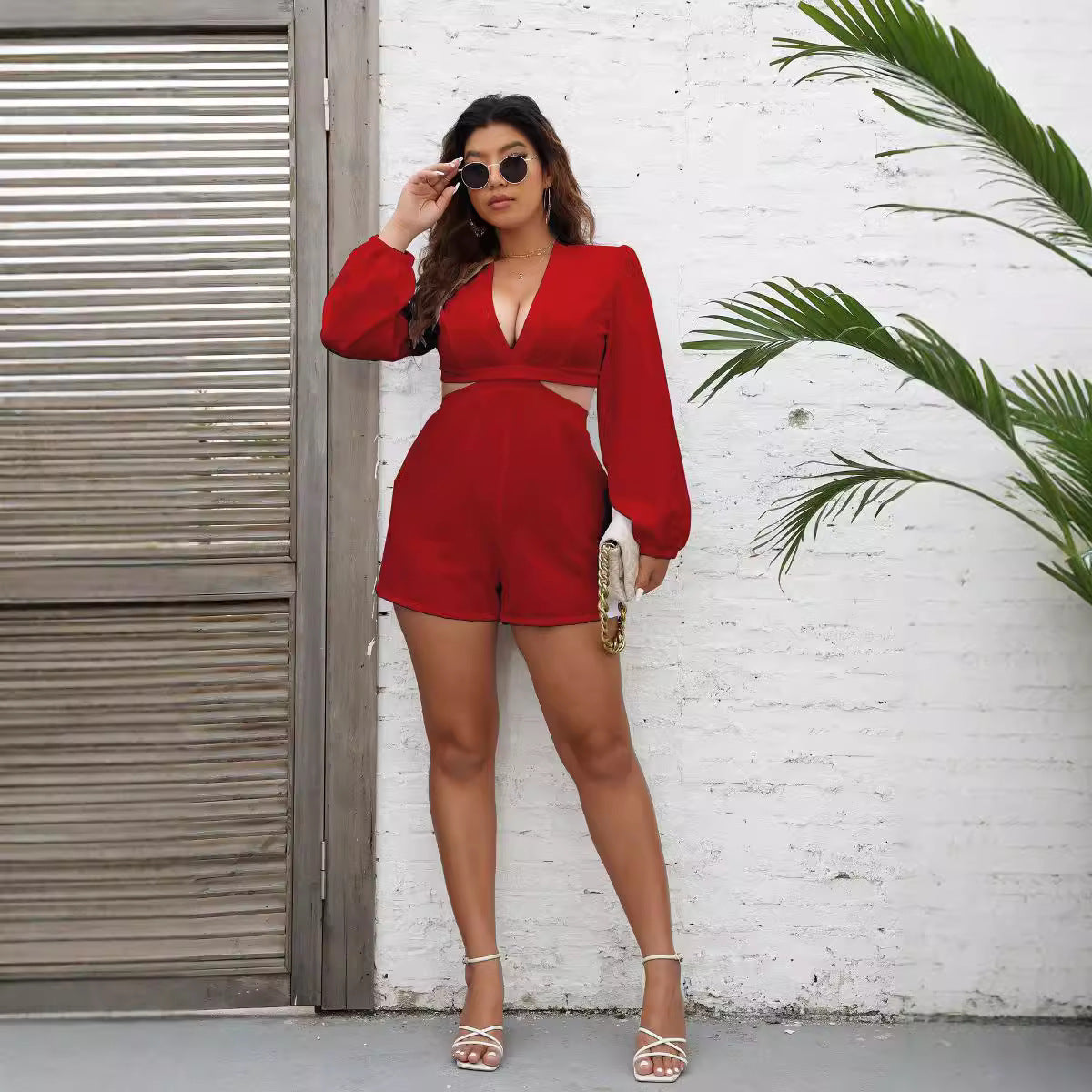 V neck Lace up Long Sleeved Jumpsuit Autumn Sexy Cutout Shorts