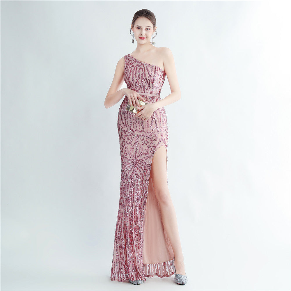 Positioning Floral Sequin One Shoulder Diagonal Collar Side Slit Long Evening Dress Pink