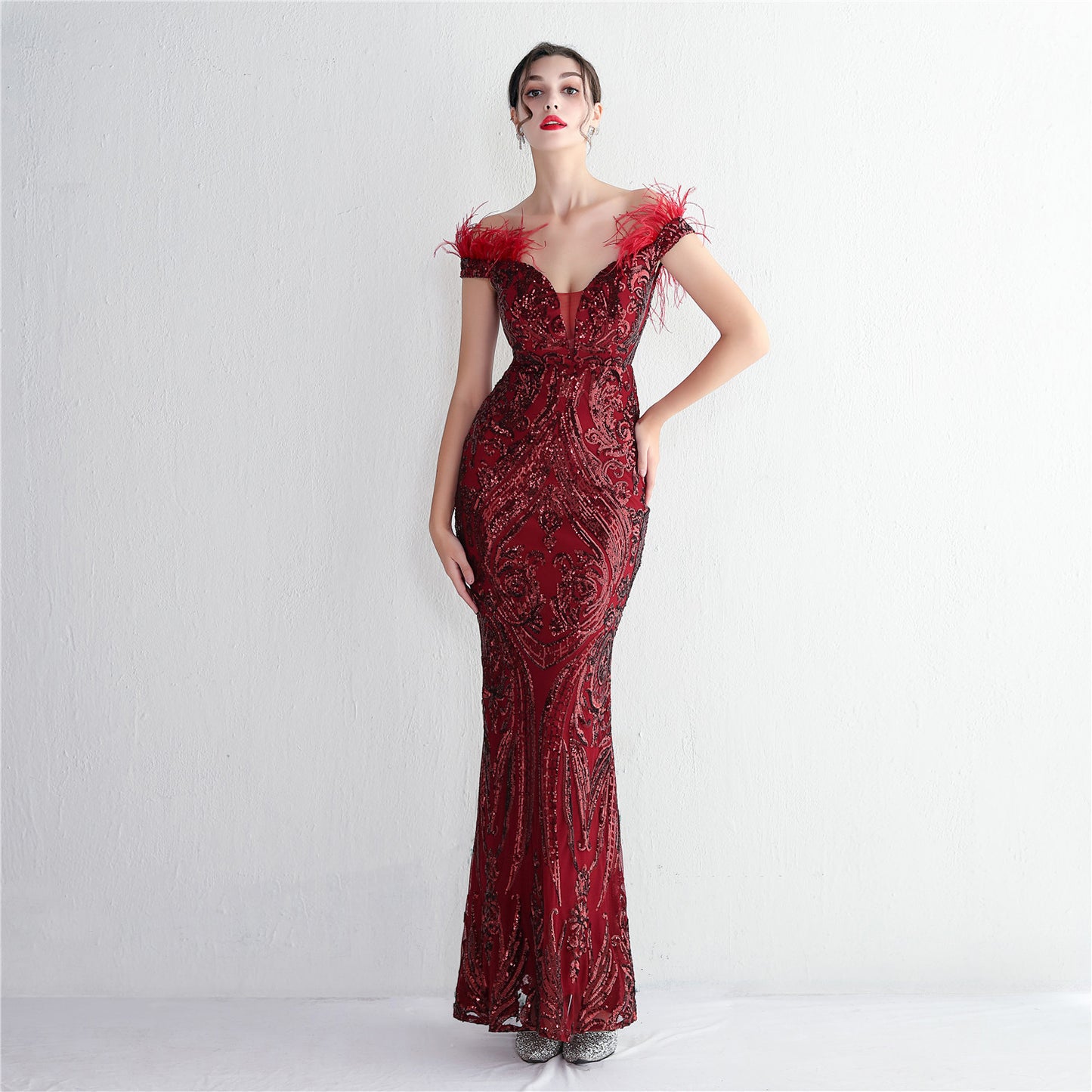 High Density Three Dimensional Strong Sequin Positioning Floral Craft Handmade Wool Cocktail Slim Fit Sexy Evening Dress Burgundy