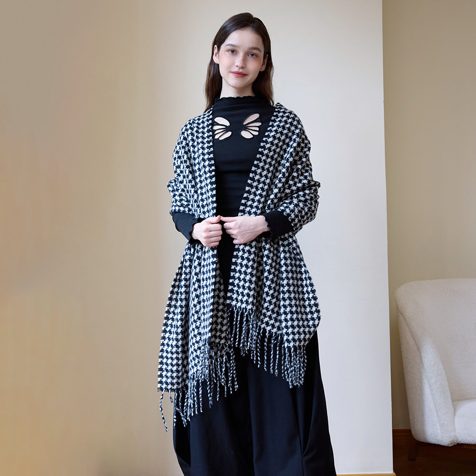 Women Cashmere Plaid Scarf Winter Thermal Long Houndstooth Tassel Shawl Scarf